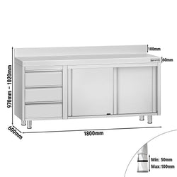 Stainless Steel Floor Cupboard ECO - 1800x600mm - with Sliding Doors with 3 Drawers left & Upstand