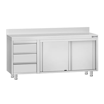 Szafka robocza ze stali nierdzewnej ECO - 1800x600 mm - z 3 szufladami po lewej stronie i panelem tylnym - Prime Gastro