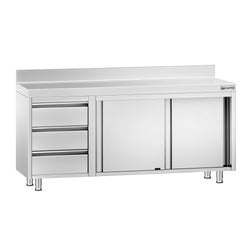 Stainless Steel Floor Cupboard PREMIUM - 1800x600mm - with Sliding Doors - with 3 Drawers left & Upstand