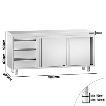 Szafka robocza ze stali nierdzewnej PREMIUM – 1800 x 600 mm – z 3 szufladami po lewej stronie - Prime Gastro
