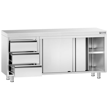 Szafka robocza ze stali nierdzewnej PREMIUM – 1800 x 600 mm – z 3 szufladami po lewej stronie - Prime Gastro
