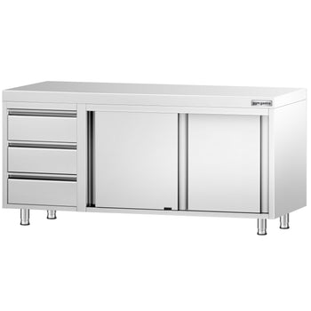 Szafka robocza ze stali nierdzewnej PREMIUM – 1800 x 600 mm – z 3 szufladami po lewej stronie - Prime Gastro