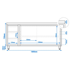 Stainless Steel Floor Cupboard PREMIUM - 1800x600mm - with Sliding Doors & 3 Drawers left