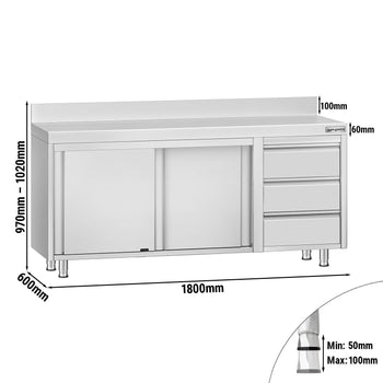 Szafka robocza ze stali nierdzewnej ECO - 1800x600 mm - z 3 szufladami po prawej stronie i panelem tylnym - Prime Gastro