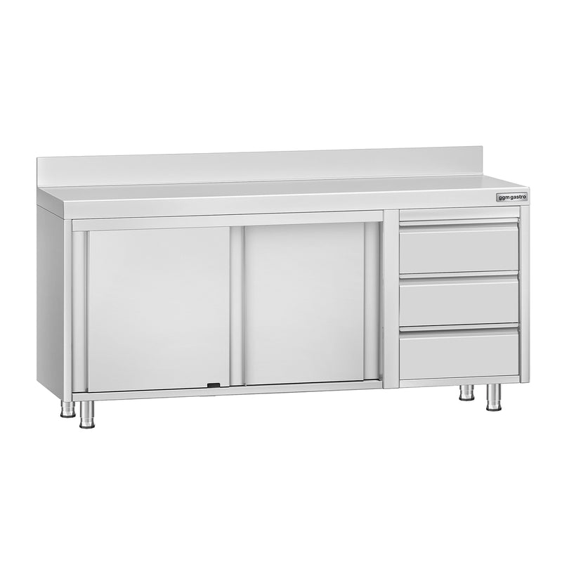 Stainless Steel Floor Cupboard ECO - 1800x600mm - with Sliding Doors with 3 Drawers right & Upstand
