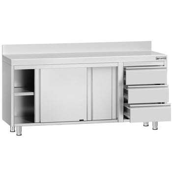 Szafka robocza ze stali nierdzewnej ECO - 1800x600 mm - z 3 szufladami po prawej stronie i panelem tylnym - Prime Gastro
