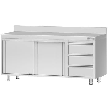 Szafka robocza ze stali nierdzewnej ECO - 1800x600 mm - z 3 szufladami po prawej stronie i panelem tylnym - Prime Gastro