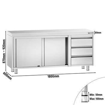 Szafka robocza ze stali nierdzewnej PREMIUM – 1800 x 600 mm – z 3 szufladami po prawej stronie - Prime Gastro