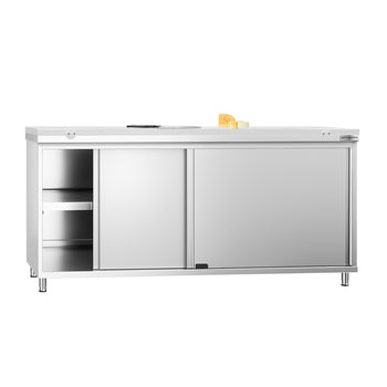 Szafka robocza ze stali nierdzewnej PREMIUM - 1800 x 600 mm - z drzwiami przesuwnymi - w zestawie deska do krojenia w kolorze białym - Prime Gastro