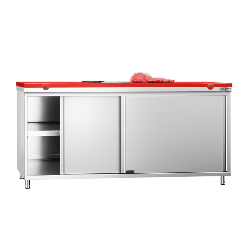 Stainless Steel Floor Cupboard PREMIUM - 1800x600mm - with Sliding Doors - incl. Chopping Board Red
