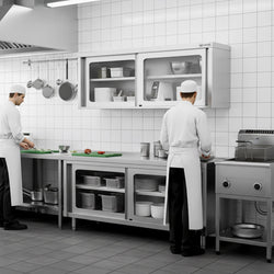 Szafka robocza ze stali nierdzewnej PREMIUM – 1800 x 700 mm – z przesuwanymi drzwiami szklanymi