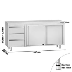 Stainless Steel Floor Cupboard ECO - 1800x700mm - with Sliding Doors - with 3 Drawers left