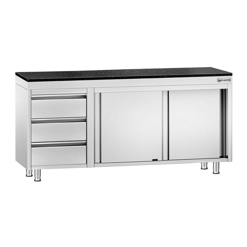 Szafka robocza ze stali nierdzewnej PREMIUM – 1800 x 600 mm – z 3 szufladami po lewej stronie – wraz z blatem granitowym