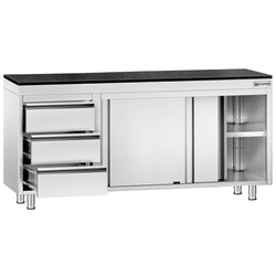 Szafka robocza ze stali nierdzewnej PREMIUM – 1800 x 700 mm – z 3 szufladami po lewej stronie – wraz z blatem granitowym
