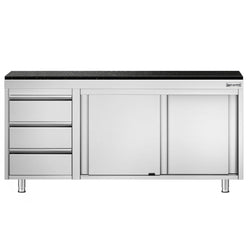 Szafka robocza ze stali nierdzewnej PREMIUM – 1800 x 700 mm – z 3 szufladami po lewej stronie – wraz z blatem granitowym
