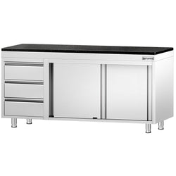 Szafka robocza ze stali nierdzewnej PREMIUM – 1800 x 700 mm – z 3 szufladami po lewej stronie – wraz z blatem granitowym