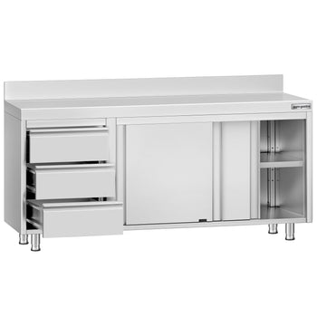 Szafka gastronomiczna robocza ze stali nierdzewnej ECO - 1800x700 mm - z 3 szufladami po lewej stronie i panelem tylnym - Prime Gastro