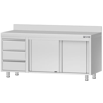 Szafka gastronomiczna robocza ze stali nierdzewnej ECO - 1800x700 mm - z 3 szufladami po lewej stronie i panelem tylnym - Prime Gastro