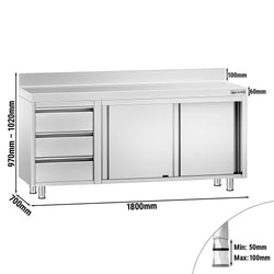 Szafka robocza ze stali nierdzewnej PREMIUM - 1800x700mm - z drzwiami suwanymi, 3 szuflady po lewej stronie, z rantem