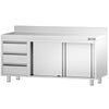 Stainless Steel Floor Cupboard PREMIUM - 1800x700mm - with Sliding Doors - with 3 Drawers left & Upstand