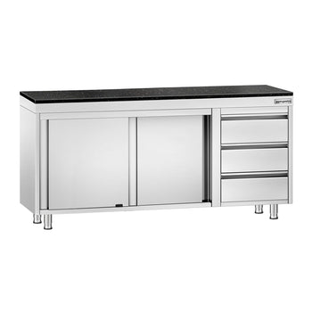 Szafka robocza ze stali nierdzewnej PREMIUM – 1800 x 600 mm – z 3 szufladami po prawej stronie – wraz z blatem granitowym