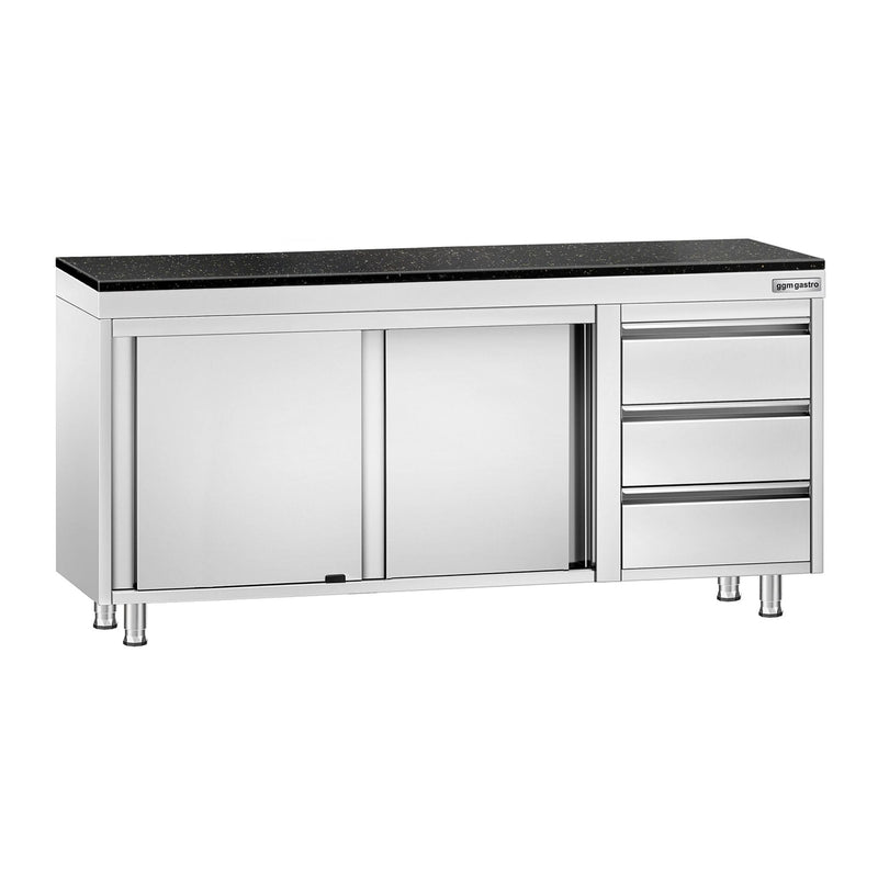 Szafka robocza ze stali nierdzewnej PREMIUM – 1800 x 600 mm – z 3 szufladami po prawej stronie – wraz z blatem granitowym