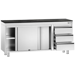 Szafka robocza ze stali nierdzewnej PREMIUM – 1800 x 600 mm – z 3 szufladami po prawej stronie – wraz z blatem granitowym