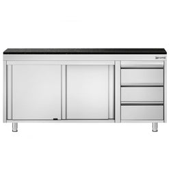 Szafka robocza ze stali nierdzewnej PREMIUM – 1800 x 600 mm – z 3 szufladami po prawej stronie – wraz z blatem granitowym