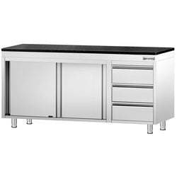 Szafka robocza ze stali nierdzewnej PREMIUM – 1800 x 600 mm – z 3 szufladami po prawej stronie – wraz z blatem granitowym