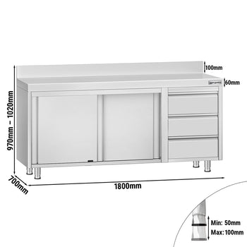 Szafka robocza ze stali nierdzewnej ECO - 1800x700 mm - z 3 szufladami po prawej stronie i panelem tylnym - Prime Gastro