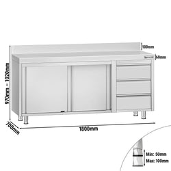 Stainless Steel Floor Cupboard ECO - 1800x700mm - with Sliding Doors, 3 Drawers right & Upstand