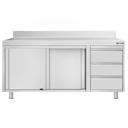 Stainless Steel Floor Cupboard ECO - 1800x700mm - with Sliding Doors, 3 Drawers right & Upstand