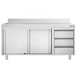 Stainless Steel Floor Cupboard PREMIUM - 1800x700mm - with 3 Drawers right & Upstand - with Sliding Doors