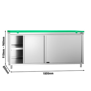 Szafka robocza ze stali nierdzewnej PREMIUM - 1800 x 800 mm - z drzwiami przesuwnymi - wraz z deską do krojenia w kolorze zielonym - Prime Gastro