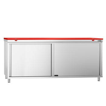 Szafka robocza ze stali nierdzewnej PREMIUM – 2000 x 700 mm – z drzwiami przesuwnymi – wraz z deską do krojenia w kolorze czerwonym - Prime Gastro