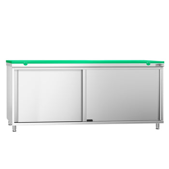 Szafka robocza ze stali nierdzewnej PREMIUM - 2000 x 700 mm - z drzwiami przesuwnymi - wraz z deską do krojenia w kolorze zielonym - Prime Gastro