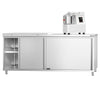 Szafka robocza ze stali nierdzewnej PREMIUM – 2000 x 700 mm – z drzwiami przesuwnymi – w zestawie z półtym panelem roboczym w kolorze białym