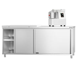 Szafka robocza ze stali nierdzewnej PREMIUM - 2000 x 600 mm - z drzwiami przesuwnymi - w zestawie deska do krojenia w kolorze białym