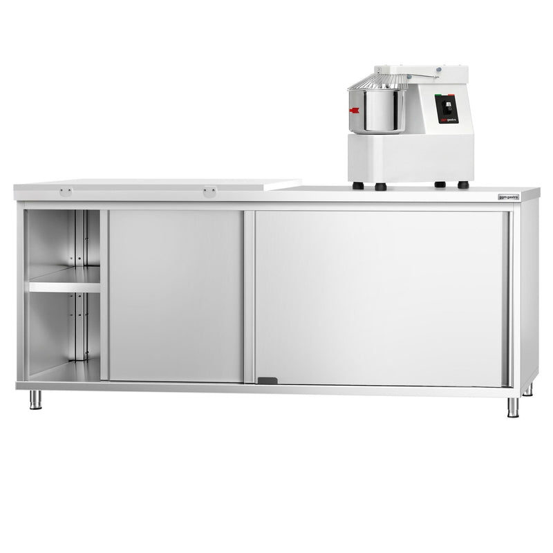 Szafka robocza ze stali nierdzewnej PREMIUM – 2000 x 600 mm – z drzwiami przesuwnymi – w zestawie z półtym panelem roboczym w kolorze białym