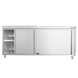 Szafka robocza ze stali nierdzewnej PREMIUM – 2000 x 600 mm – z drzwiami przesuwnymi – w zestawie z półtym panelem roboczym w kolorze białym