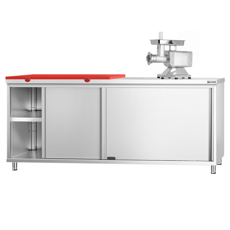 Szafka robocza ze stali nierdzewnej PREMIUM – 2000 x 800 mm – z drzwiami przesuwnymi – w zestawie z półtarcą do krojenia w kolorze czerwonym