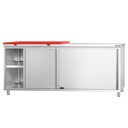 Szafka robocza ze stali nierdzewnej PREMIUM – 2000 x 700 mm – z drzwiami przesuwnymi – w zestawie z półtarcą do krojenia w kolorze czerwonym
