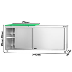 Szafka robocza ze stali nierdzewnej PREMIUM – 2000 x 600 mm – z drzwiami przesuwnymi – w zestawie z półtalerzem do krojenia w kolorze zielonym