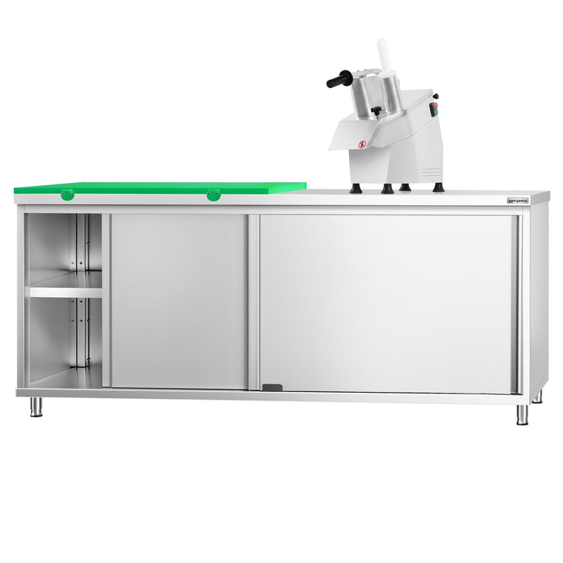 Szafka robocza ze stali nierdzewnej PREMIUM – 2000 x 600 mm – z drzwiami przesuwnymi – w zestawie z półtalerzem do krojenia w kolorze zielonym