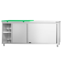 Szafka robocza ze stali nierdzewnej PREMIUM – 2000 x 600 mm – z drzwiami przesuwnymi – w zestawie z półtalerzem do krojenia w kolorze zielonym