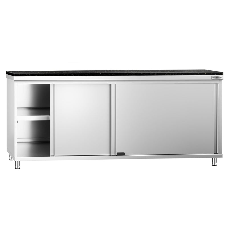 Szafka robocza ze stali nierdzewnej PREMIUM – 2000 x 800 mm – z drzwiami przesuwnymi – wraz z blatem granitowym