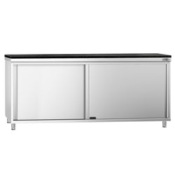 Szafka robocza ze stali nierdzewnej PREMIUM – 2000 x 800 mm – z drzwiami przesuwnymi – wraz z blatem granitowym