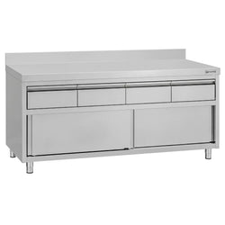 Szafka robocza ze stali nierdzewnej ECO – 2000 x 600 mm – z obrzeżem – z 4 szufladami i drzwiami przesuwnymi
