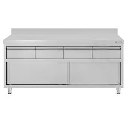 Szafka robocza ze stali nierdzewnej ECO – 2000 x 600 mm – z obrzeżem – z 4 szufladami i drzwiami przesuwnymi