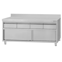 Szafka robocza ze stali nierdzewnej ECO – 2000 x 600 mm – z obrzeżem – z 4 szufladami i drzwiami przesuwnymi
